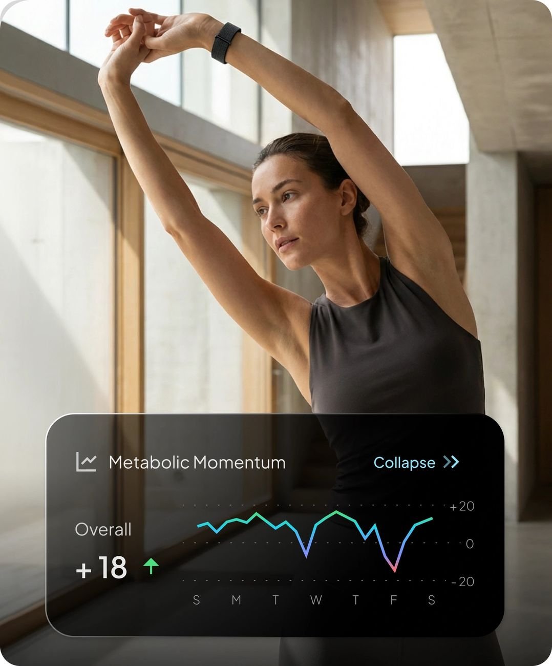 Woman stretching with Hume Band on wrist — Metabolic Momentum chart displayed
