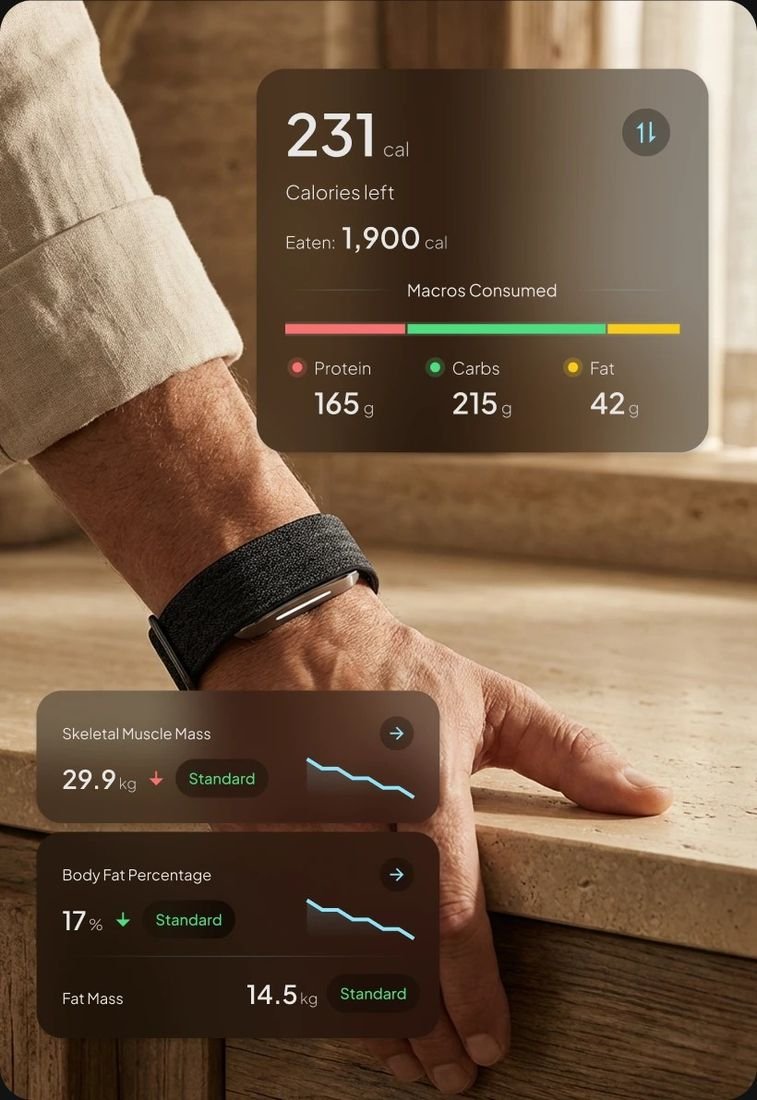 Hume Band 2.0 worn on wrist with companion app open, showing nutrition data