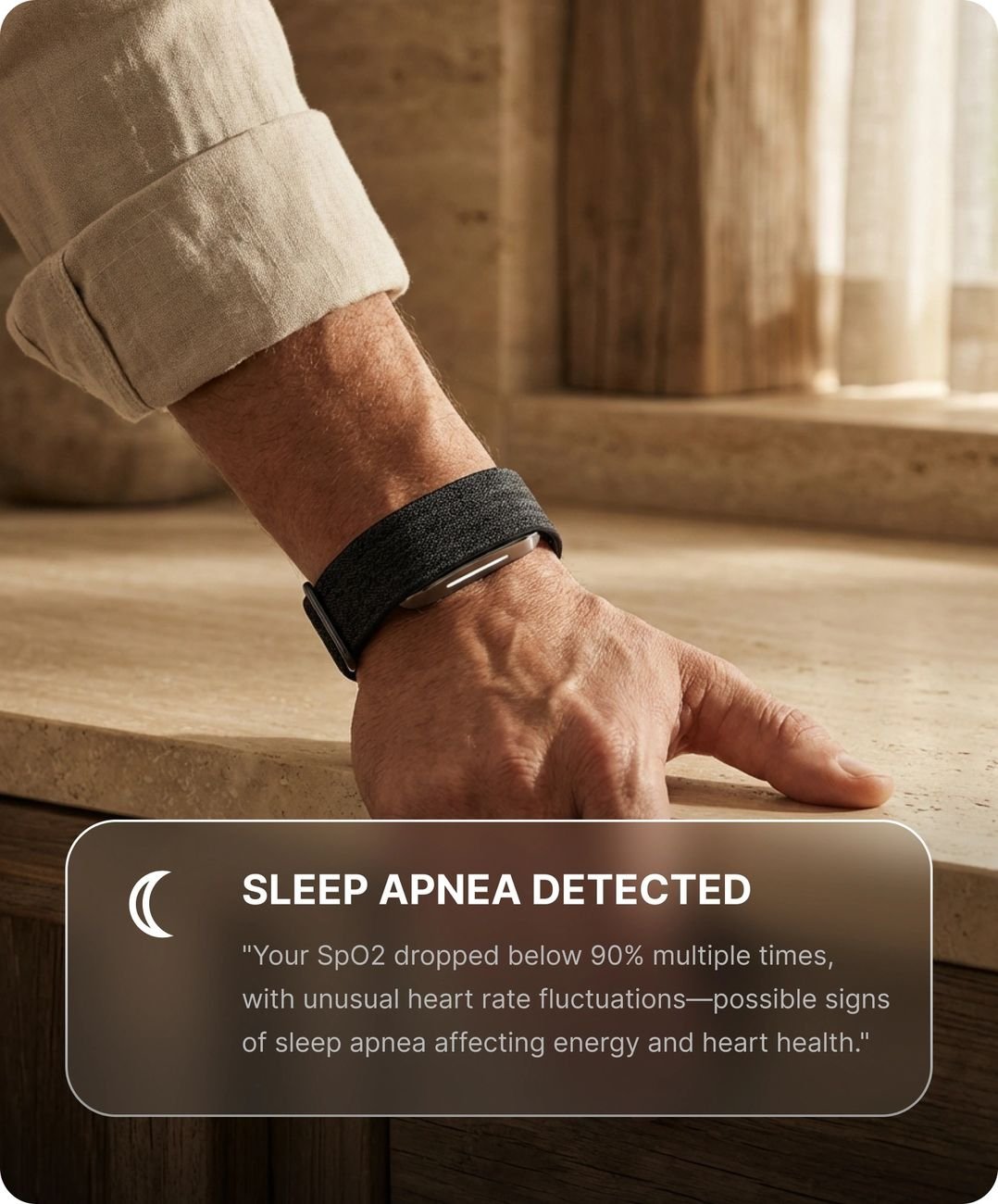 Hume Band on wrist flagging a possible sleep apnea signal in the companion app
