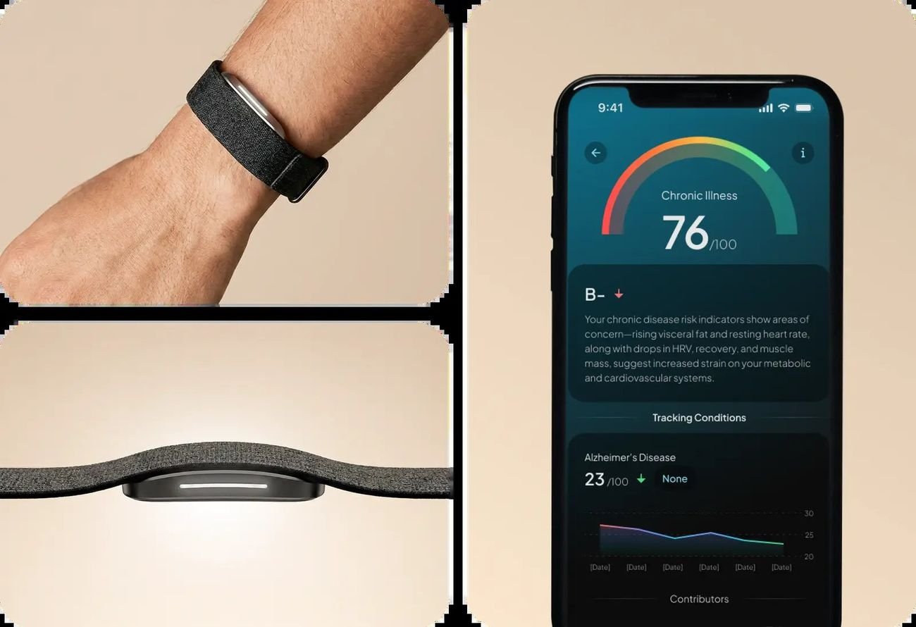 Hume Band worn on wrist next to a phone showing a chronic illness risk score