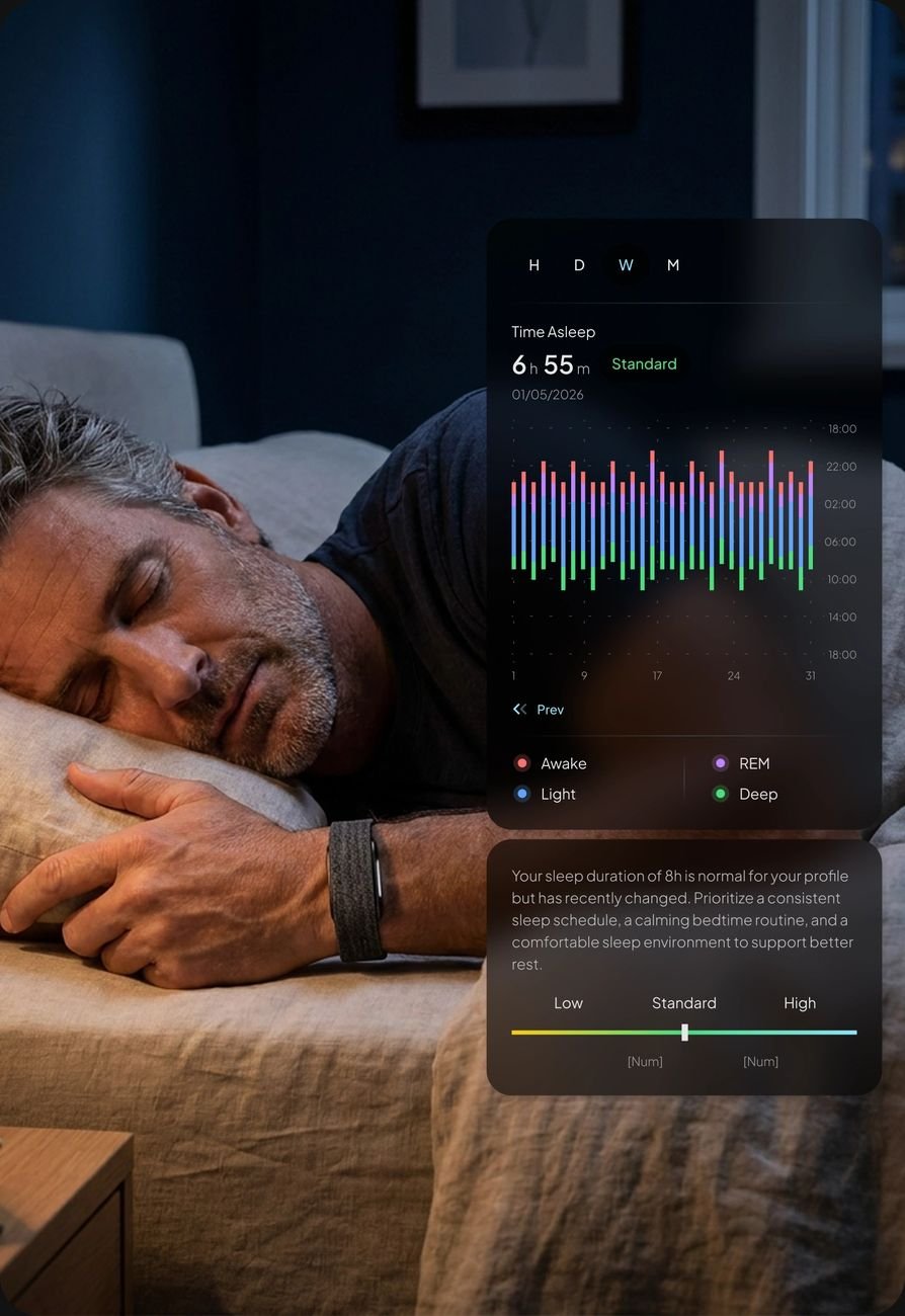 Man sleeping with Hume Band worn on wrist — overnight recovery data logged in app