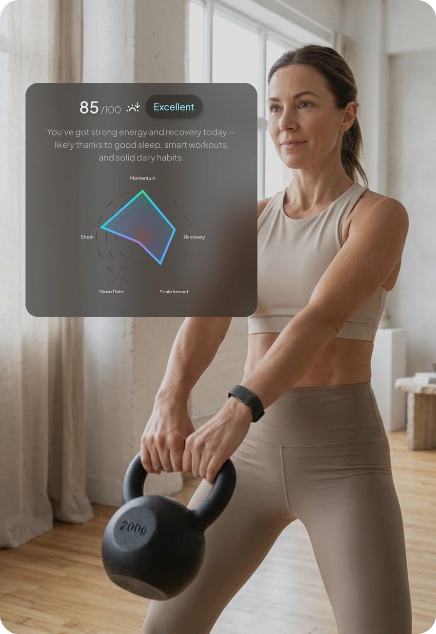 Woman lifting a kettlebell while wearing the Hume Band — Metabolic Capacity reading visible in app
