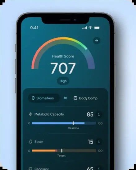 Hume Health app screen displaying an overall health score alongside metabolic capacity